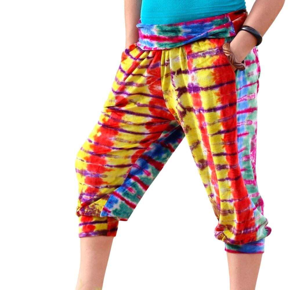 Womens Pants Small Tie Dye Handmade Cropped Yoga Festival Hiking Hippie Colorful